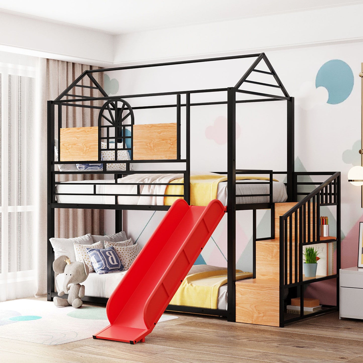 Twin Over Twin Bunk Bed, Housebed With Slide And Storage Stair - Black / Red