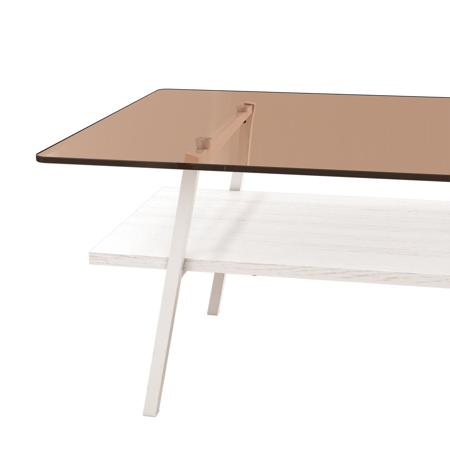 Rectangle Coffee Table, Tempered Glass Tabletop With White Metal Legs, Modern Table For Living Room - Brown / White