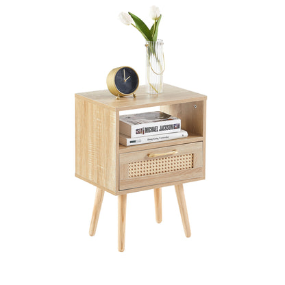 15.75" Rattan End Table With Drawer And Solid Wood Legs, Modern Nightstand, Side Table For Living Room, Bedroom - Natural