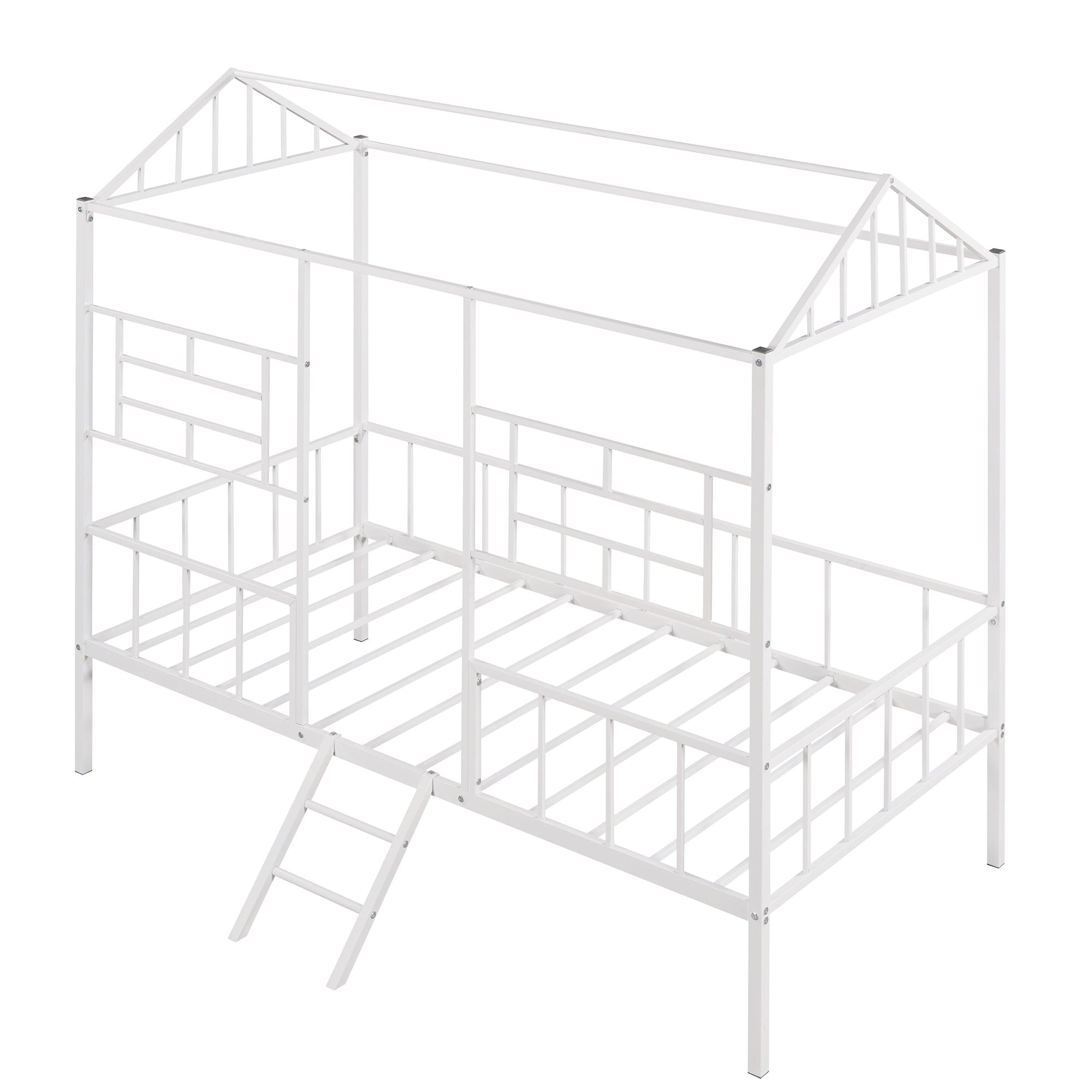 House Bed Frame Twin Size With Slatted Support No Box Spring Needed - White
