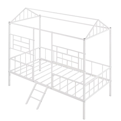 House Bed Frame Twin Size With Slatted Support No Box Spring Needed - White