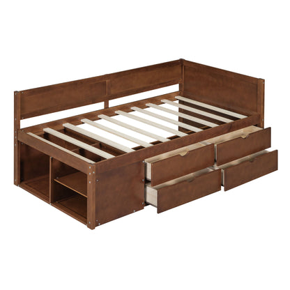Twin Size Daybed With Drawers And Shelves - Walnut