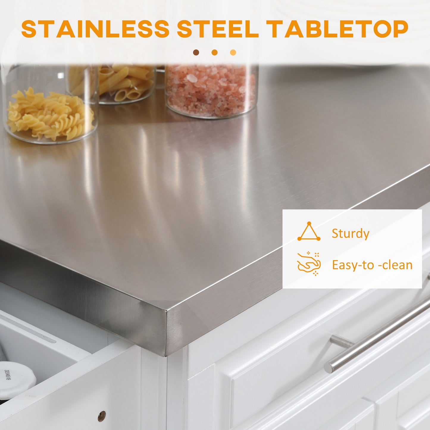 Homcom - Rolling Kitchen Island With Storage, Portable Kitchen Cart With Stainless Steel Top, 2 Drawers, Spice, Knife And Towel Rack And Cabinets - White