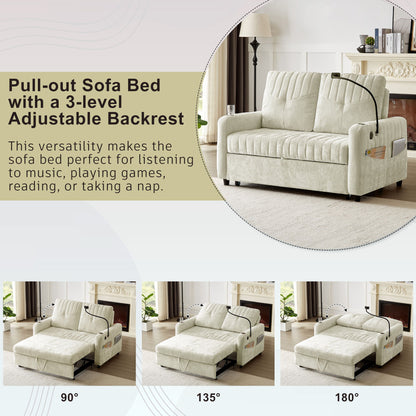 Modern Loveseat Pull Out Sofa Bed With Adjustable Backrest, Two Cup Holders, A Phone Holder, Three Charging Ports And Side Storage Pockets For Living Room - Beige