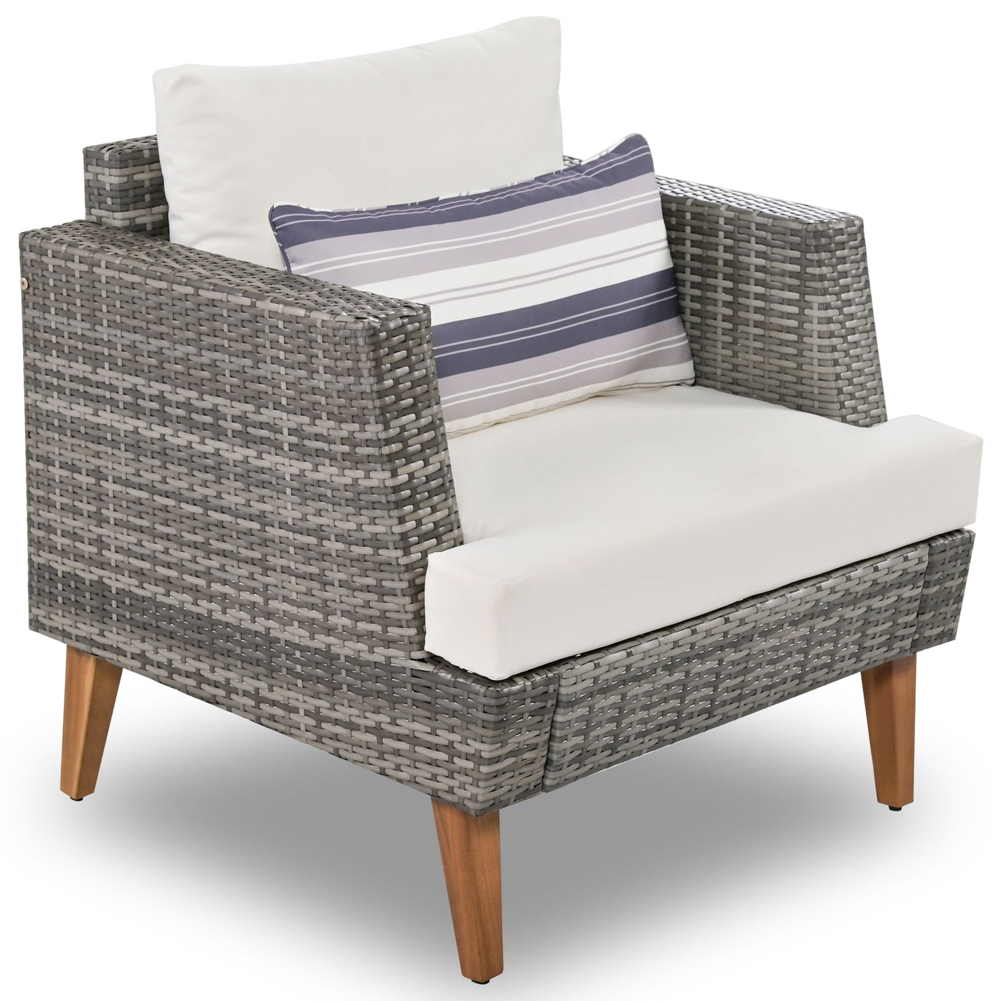 6 Pieces All Weather Sofa Set, Outdoor Rattan Sofa With Double Cushions, Wood Legs Wood Table Top - Beige / Gray
