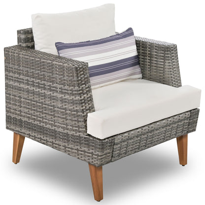 6 Pieces All Weather Sofa Set, Outdoor Rattan Sofa With Double Cushions, Wood Legs Wood Table Top - Beige / Gray