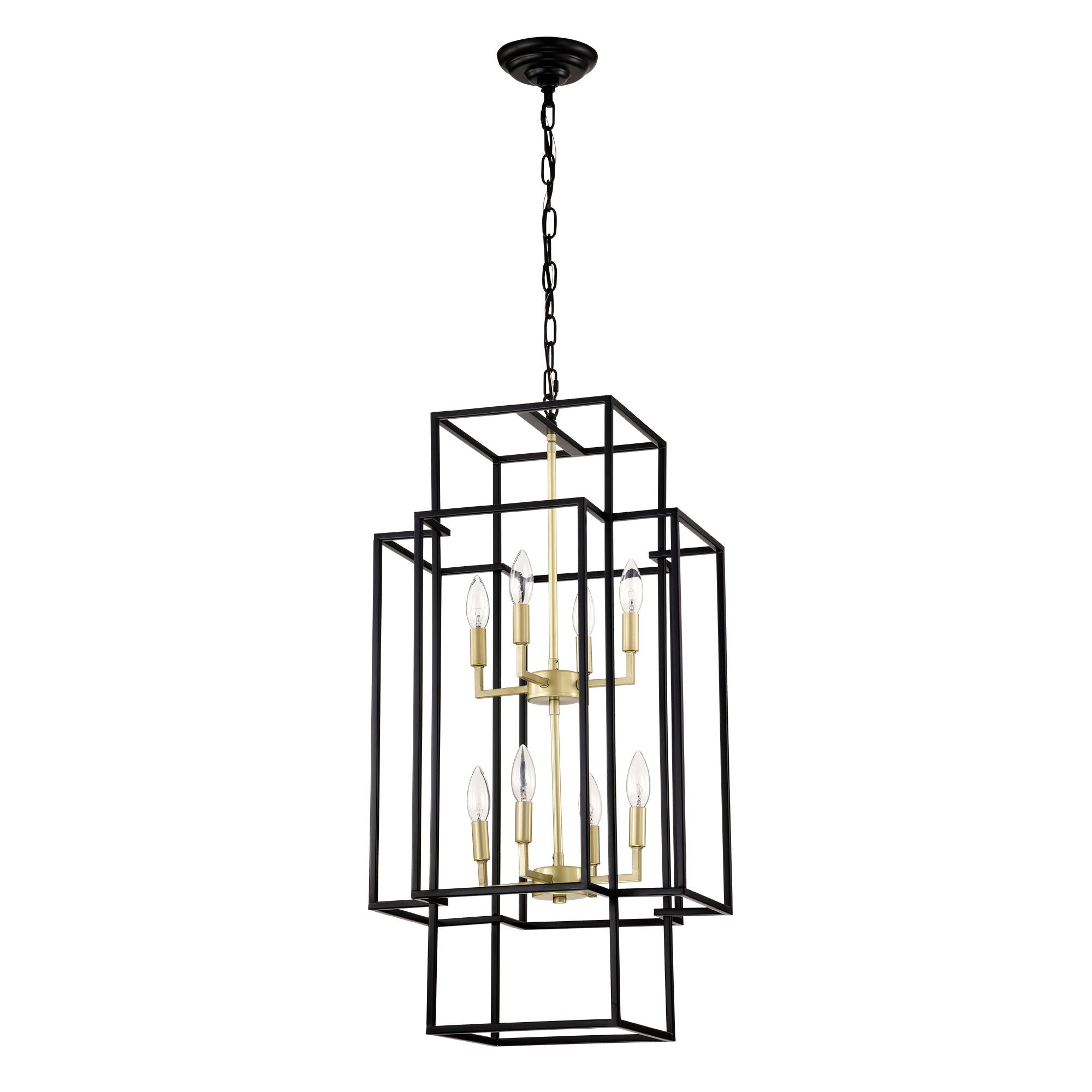 8 Light Metal Lantern Tiered Pendant Hanging Light Fixtures, Industrial Farmhouse Adjustable Height Chandeliers For Dining Room Hallway Foyer Entryway (E12 Bulbs Not Included) - Matte Black / Gold