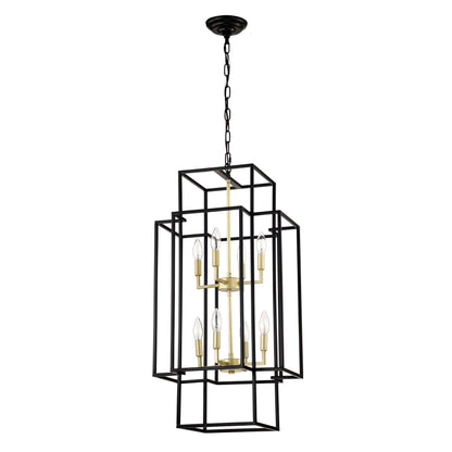 8 Light Metal Lantern Tiered Pendant Hanging Light Fixtures, Industrial Farmhouse Adjustable Height Chandeliers For Dining Room Hallway Foyer Entryway (E12 Bulbs Not Included) - Matte Black / Gold