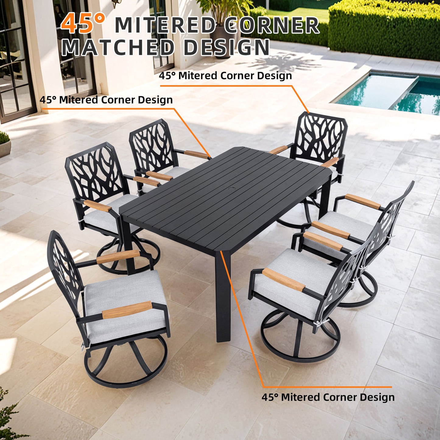 7 Pieces Outdoor Patio Furniture Set, Modern Dining Set With 6 Swivel Rockers Sunbrella Fabric, Rectangular Table With Umbrella Hole - Bourbon Brown