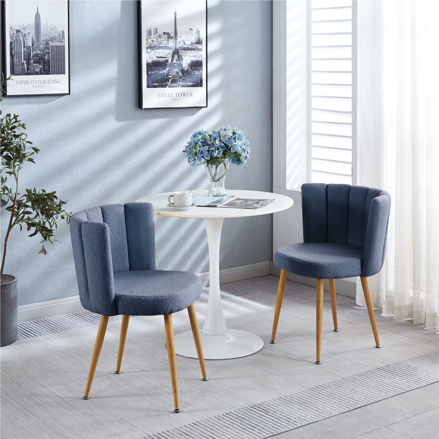 Modern Haze Dining Chair With Iron Tube Wood Legs, Shorthair Cushions And Comfortable Backrest, Suitable For Dining Room, Living Room, Cafe, Simple Structure (Set of 2) - Blue
