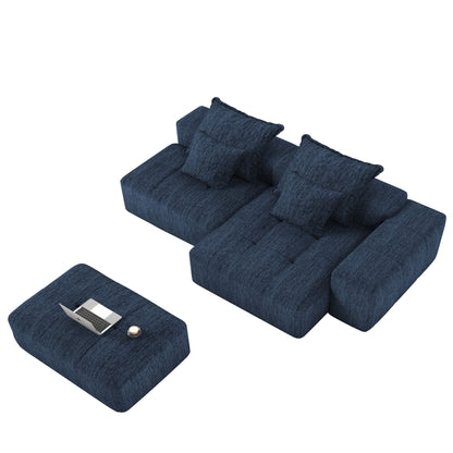 Modern Oversized Modular Sectional Sofa With Ottoman, Seat, Chaise Lounge And Armrest, Sparkling Chenille Fabric Soft Cushion Sofa With 4 Pillows, 4 Pieces Diy Combination Tufted Sofa, No Assembly Required - Blue
