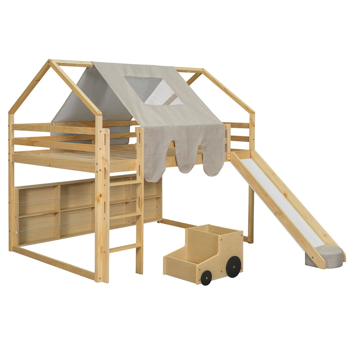 Full Size Loft Bed House Shaped Frame With Tent - Natural / Beige