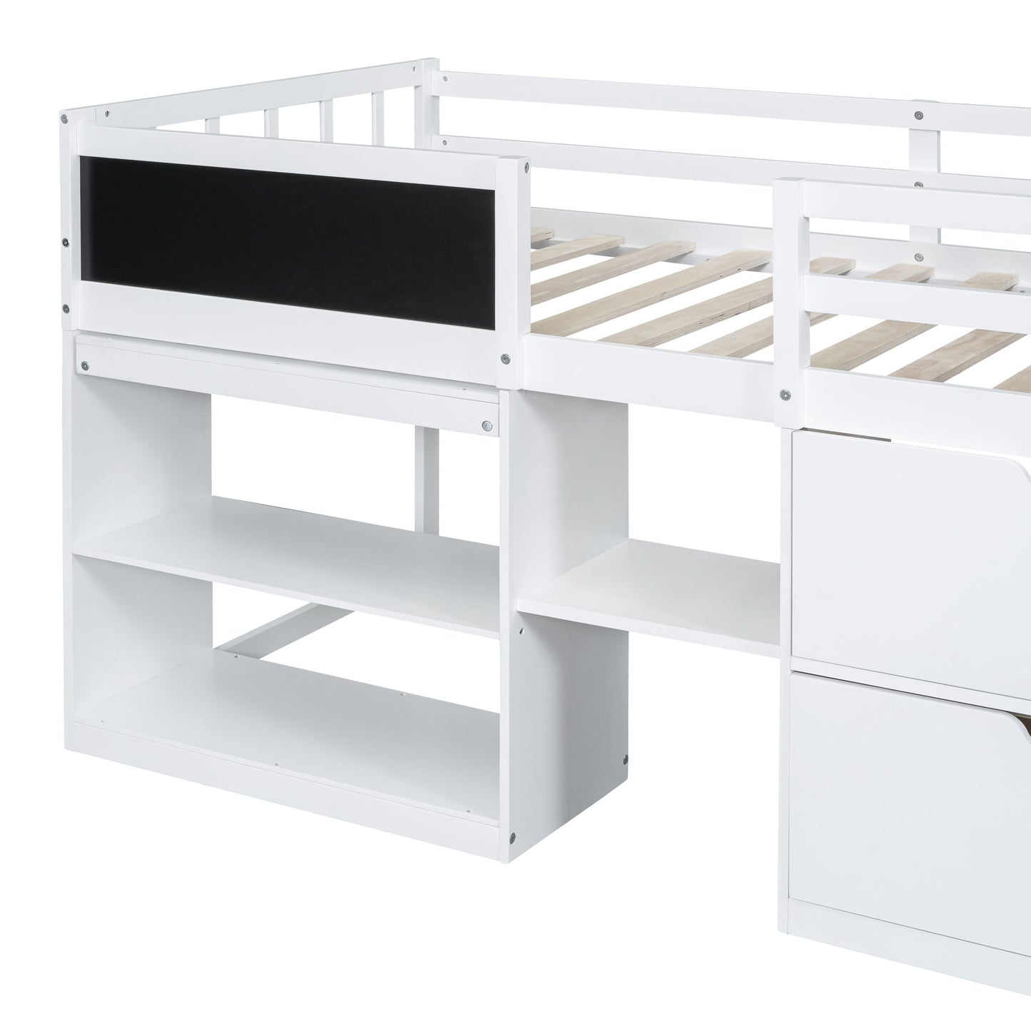 Twin Size Low Loft Bed With Rolling Desk, Shelf And Drawers - White