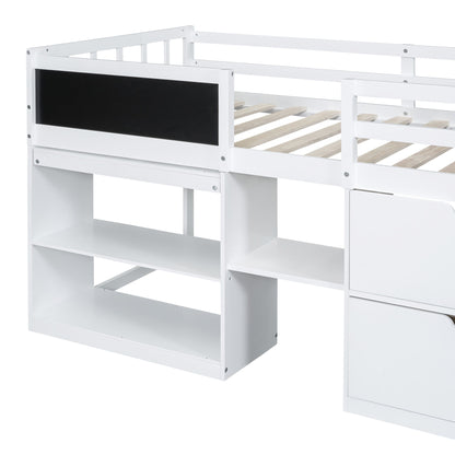 Twin Size Low Loft Bed With Rolling Desk, Shelf And Drawers - White