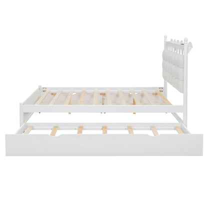 Queen Size Storage Platform Bed, With 2 Big Drawers, Twin Long Size Trundle, One Set Of Sockets & USB Ports - White