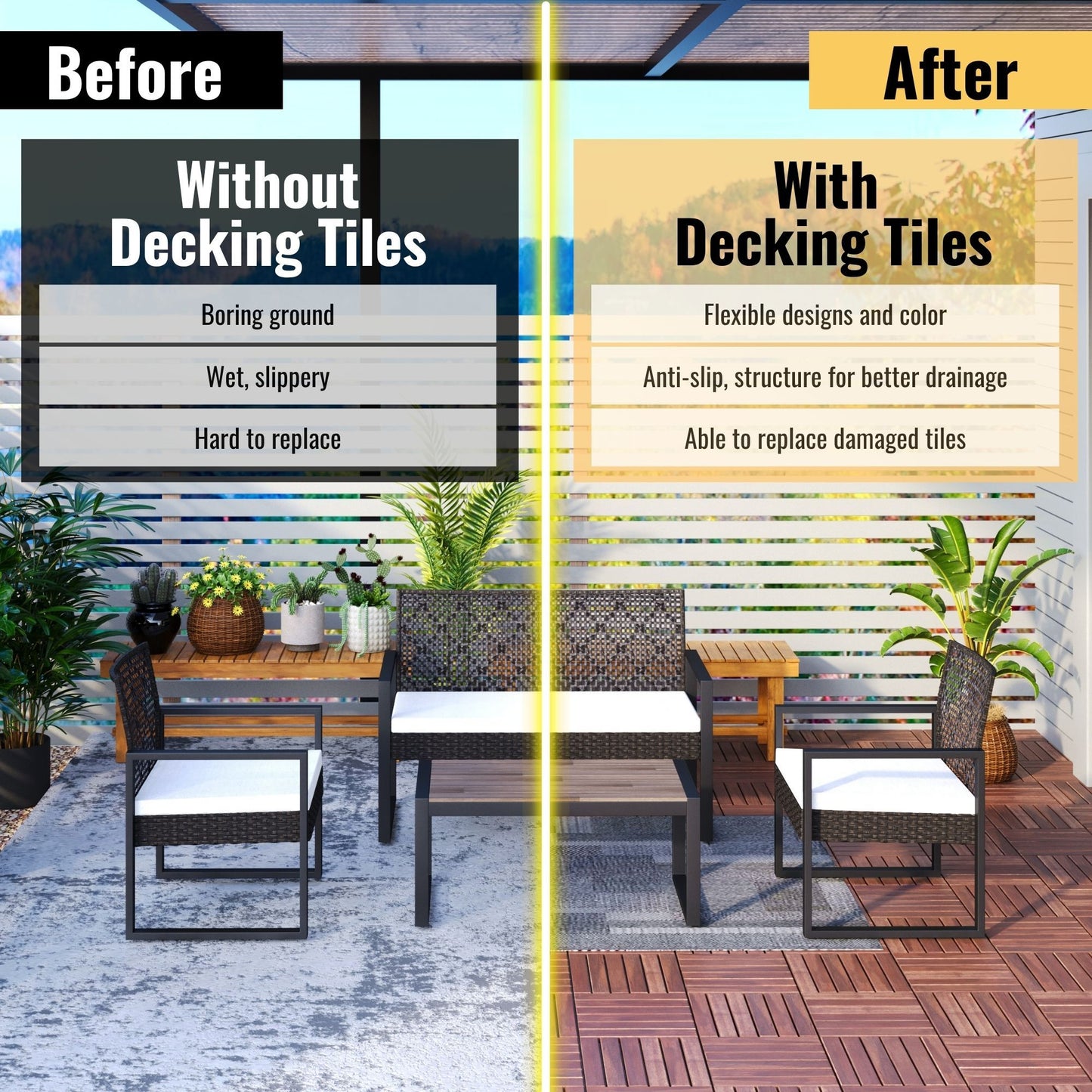 10 Piece Interlocking Deck Tiles Striped Pattern, Square Acacia Hardwood Outdoor Flooring For Patio, Bancony, Pool Side - Brown