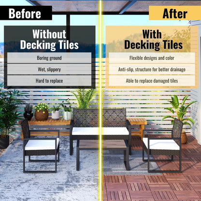 10 Piece Interlocking Deck Tiles Striped Pattern, Square Acacia Hardwood Outdoor Flooring For Patio, Bancony, Pool Side - Brown