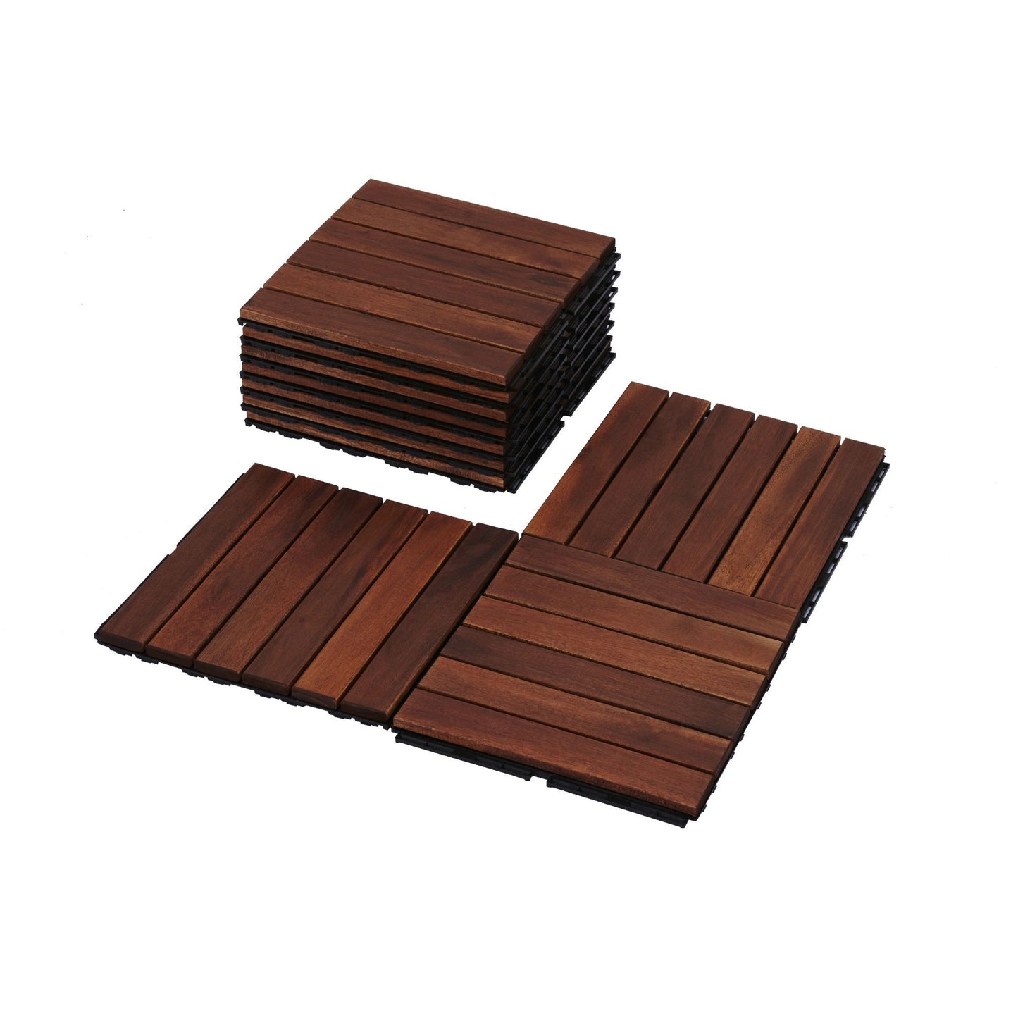 10 Piece Interlocking Deck Tiles Striped Pattern, Square Acacia Hardwood Outdoor Flooring For Patio, Bancony, Pool Side - Brown