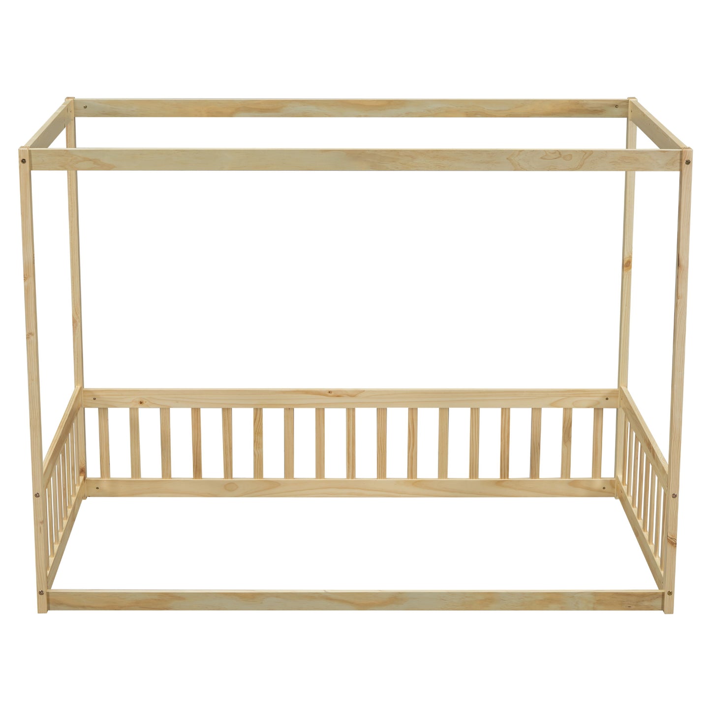 Twin Size Canopy Frame Floor Bed With Fence, Guardrails - Natural