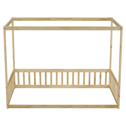 Twin Size Canopy Frame Floor Bed With Fence, Guardrails - Natural