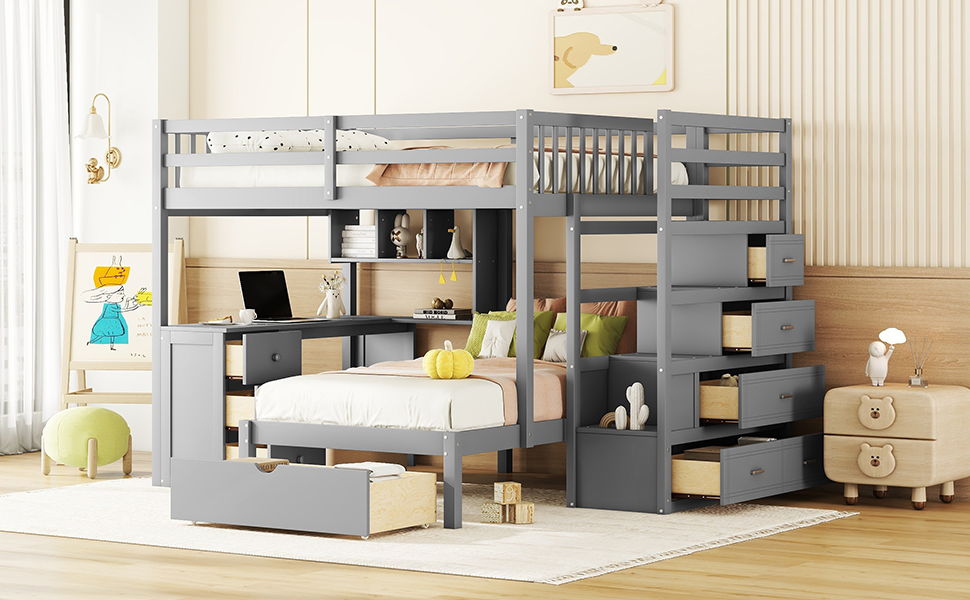 Full Over Twin Bunk Bed With Desk, Drawers And Shelves - Gray
