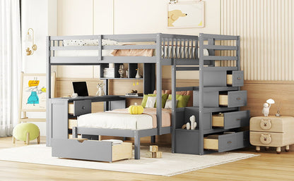 Full Over Twin Bunk Bed With Desk, Drawers And Shelves - Gray