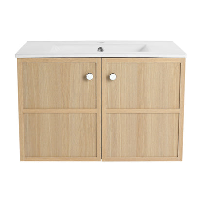 Modern Wall Mounted 30" Bathroom Vanity With Ceramic Sink And Soft Closing Doors - Oak