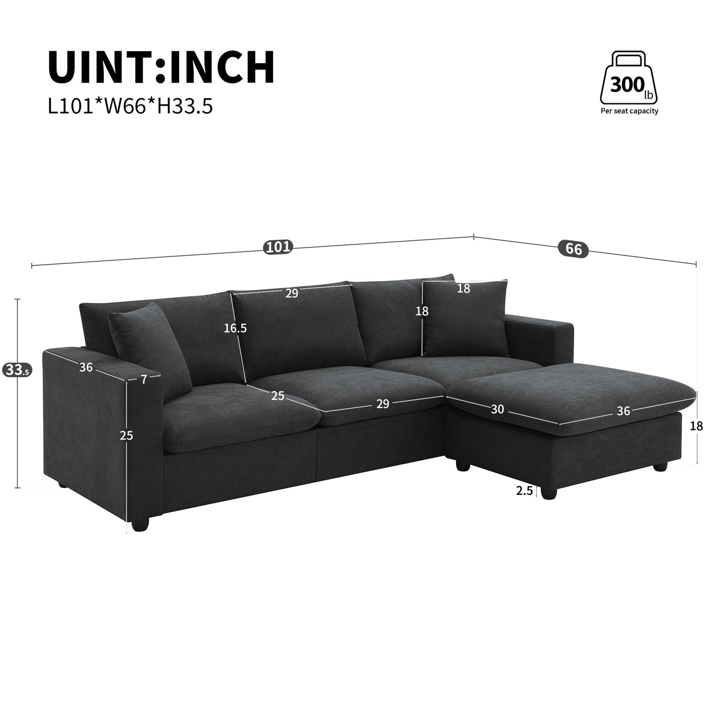 Modern Sectional Sofa, L-Shaped Couch Set With 2 Free Pillows, 4 Seat Polyester Fabric Couch Set With Convertible Ottoman - Black