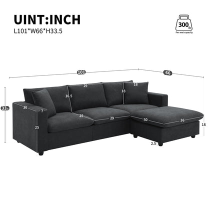 Modern Sectional Sofa, L-Shaped Couch Set With 2 Free Pillows, 4 Seat Polyester Fabric Couch Set With Convertible Ottoman - Black
