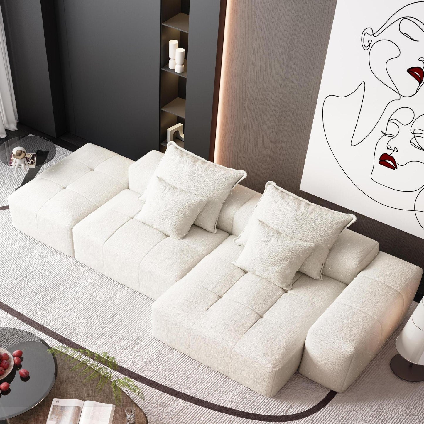Modern Oversized Modular Sectional Sofa With Ottoman, Seat, Chaise Lounge And Armrest, Sparkling Chenille Fabric Soft Cushion Sofa With 4 Pillows, 4 Pieces Diy Combination Tufted Sofa, No Assembly Required - Beige
