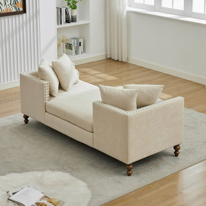 Chenille Upholstered Chaise Lounge With Nailheads, Sleeper Sofa Couch With 4 Throw Pillows & 2 Bolsters, Daybed With Rubberwood Legs - Beige