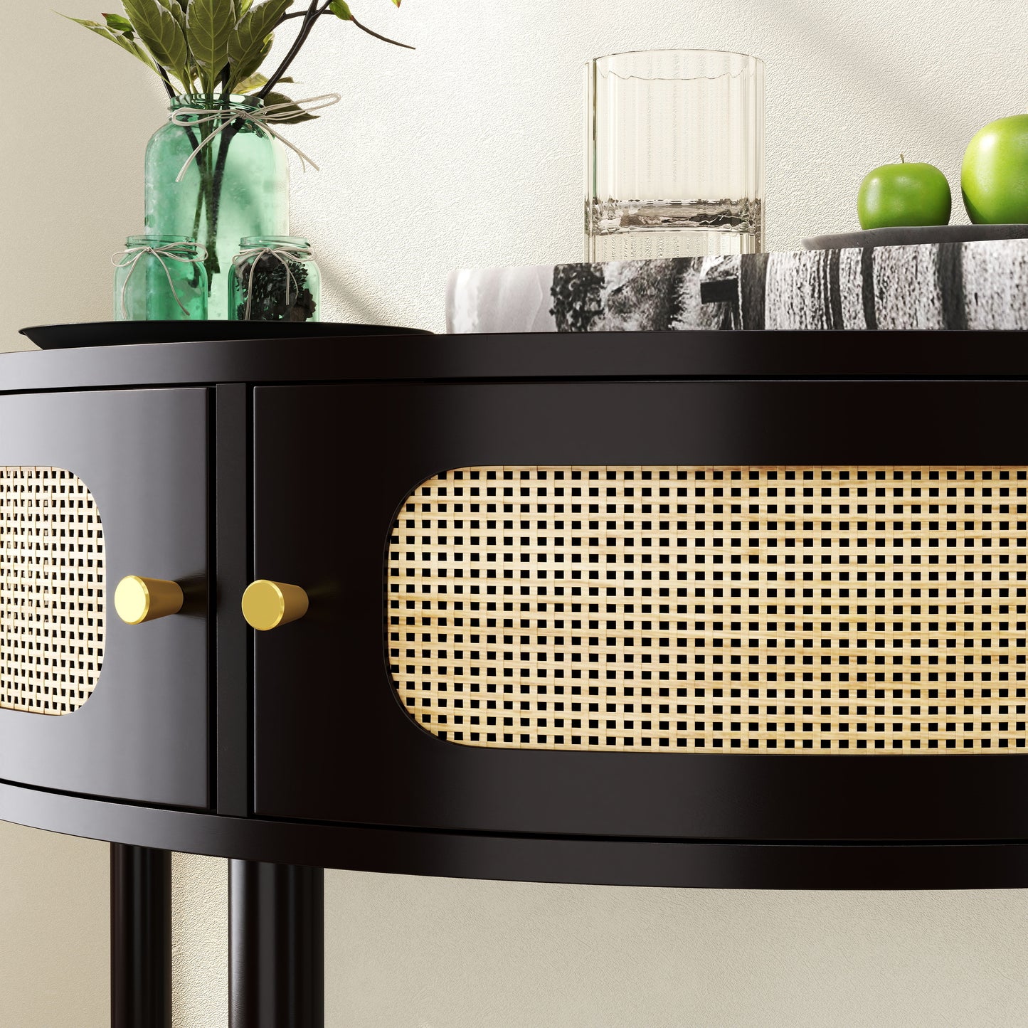 Boho Rattan Semi Circle End Table With Sliding Door, Elegant Wood Accent Table With Storage And Bottom Shelf - Black