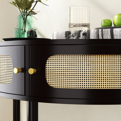 Boho Rattan Semi Circle End Table With Sliding Door, Elegant Wood Accent Table With Storage And Bottom Shelf - Black