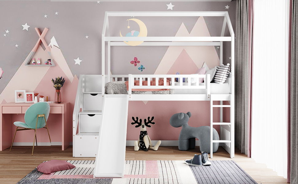 Twin Loft House Bed With 2 Drawers And Slide - White