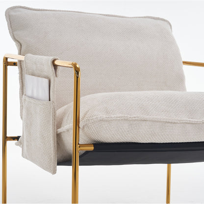 Upholstered Hanging Armchair With Arm Pocketsmetal Frame, Gold-Plated Craftsmanship, Crushed Foam Cushions And Skin-Friendly Woven Fabric For Living Room (Set of 2) - Beige