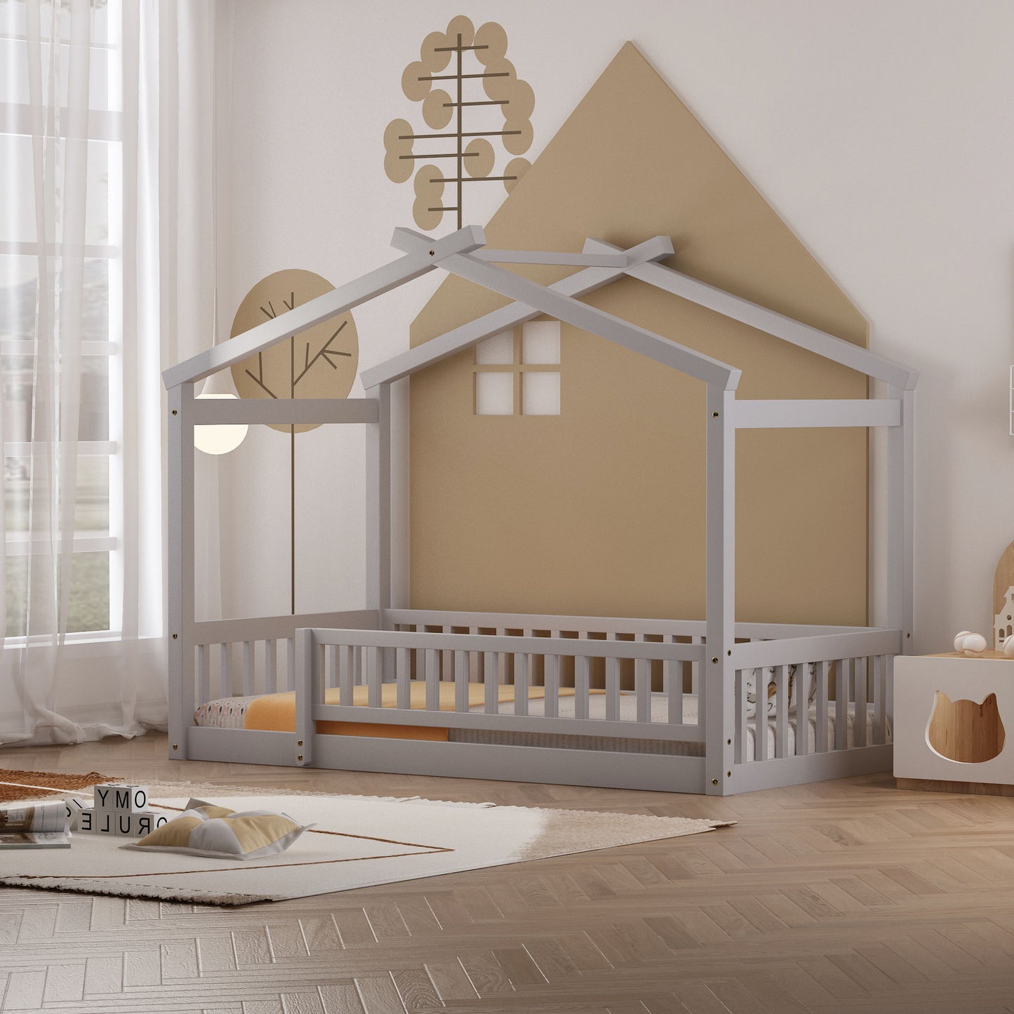 Twin Size Bed House Bed Frame With Fence - Gray