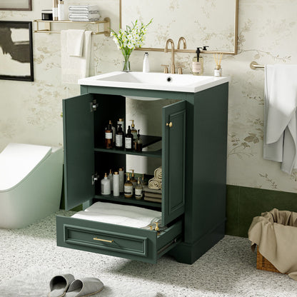 Bathroom Vanity With Ceramic Sink Combo, Modern Freestanding Storage Cabinet With Silver Handles, Soft Closing Doors - Green
