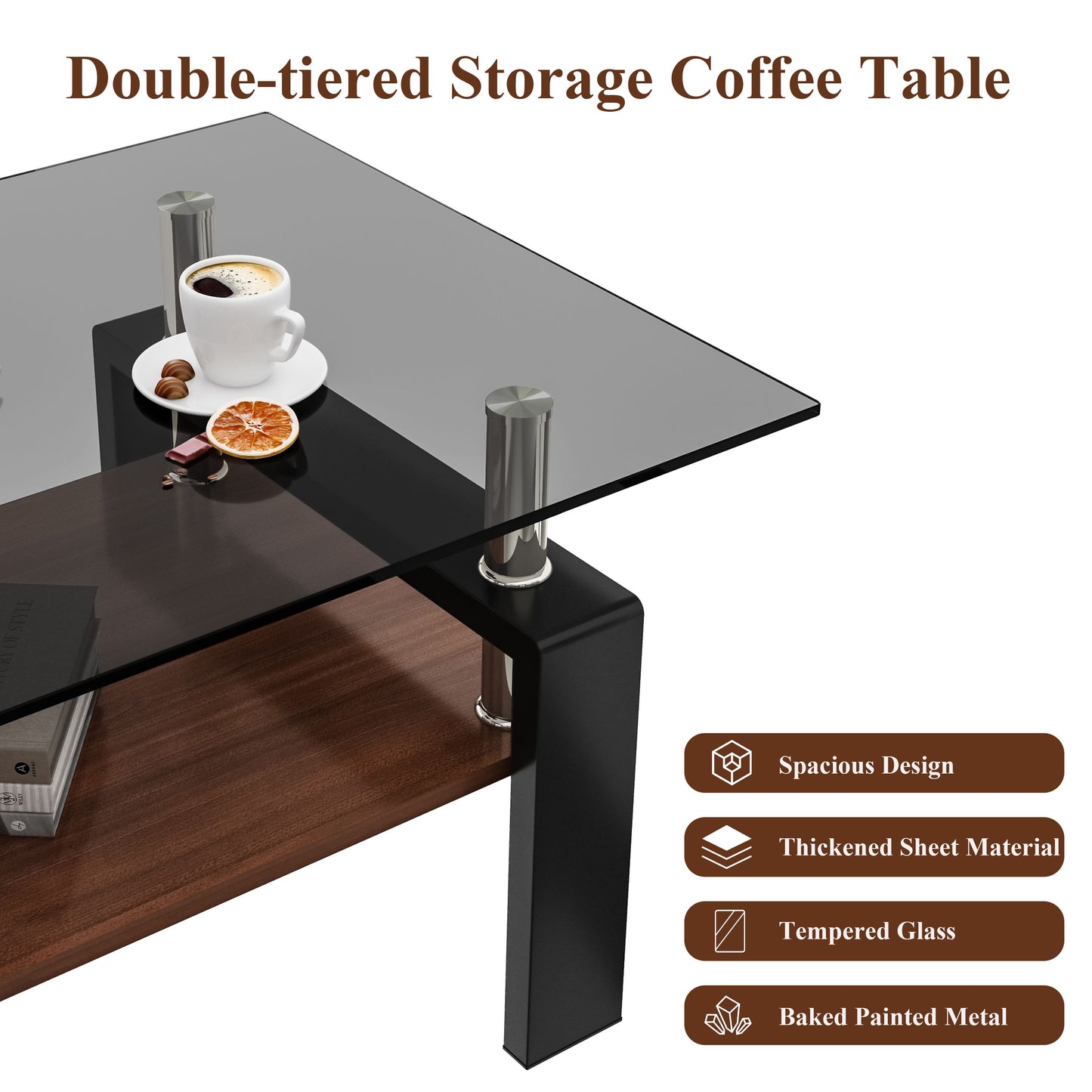 Modern Rectangular Coffee Table With Tempered Glass Top Layer - Gray