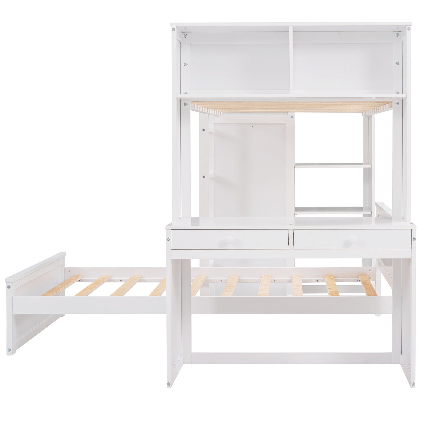 Twin Size Loft Bed With A Stand Alone Bed, Shelves, Desk, And Wardrobe - White