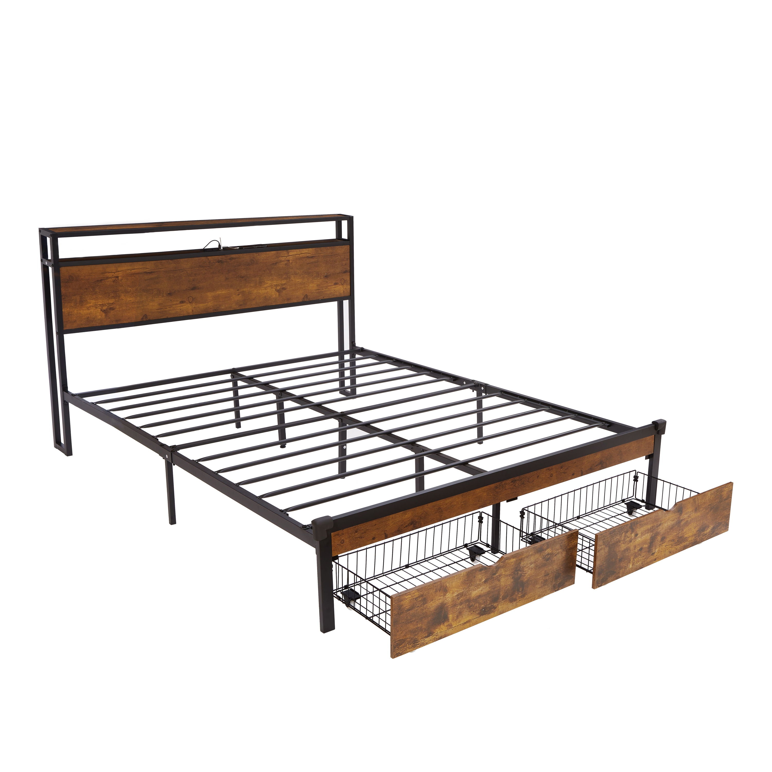 Queen Size Modern Metal Platform Bed Frame With Wooden Headboard And Footboard, USB Charging Station, LED Lights, And 2 Drawers, No Box Spring Needed - Brown / Black