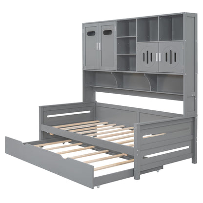 Twin Size Daybed With Twin Size Trundle, And All In One Cabinet And Shelf - Gray