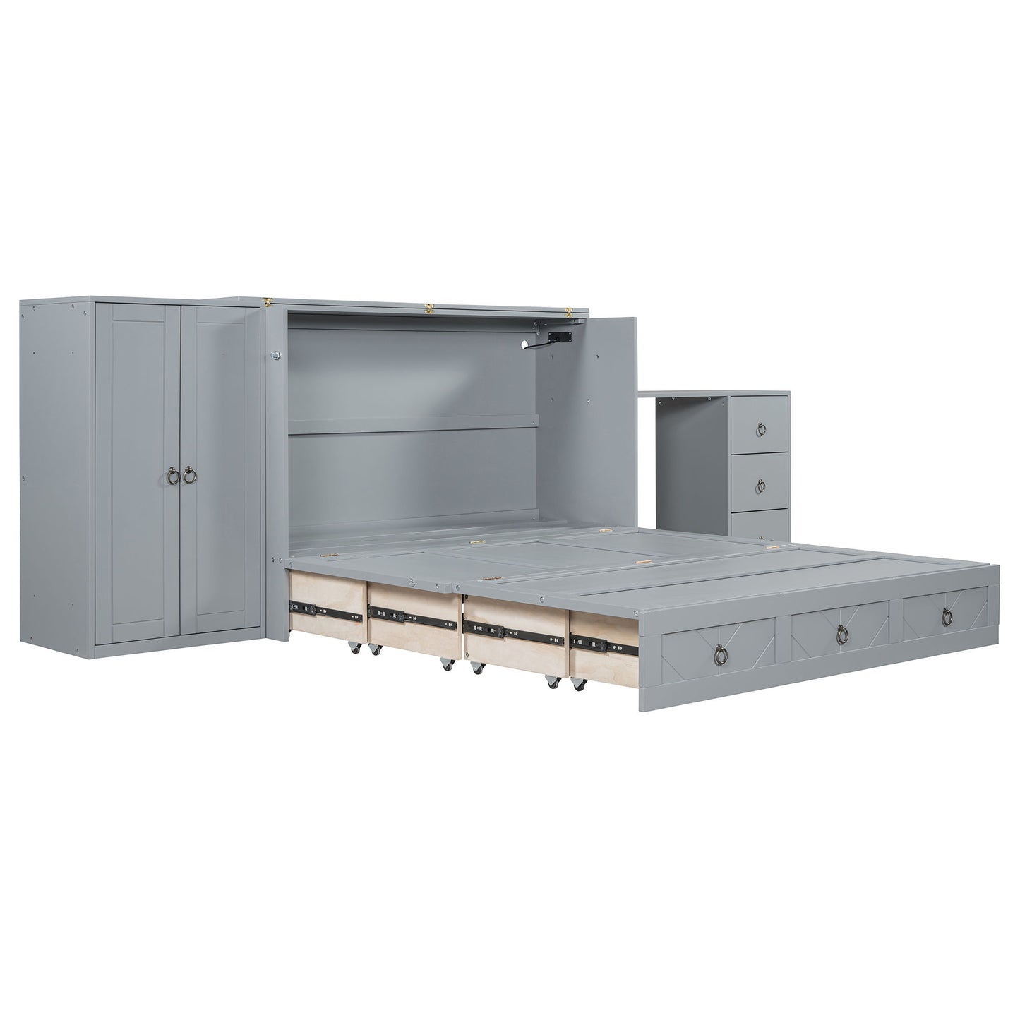 Queen Size Murphy Bed With USB Port, Large Drawer, And Wardrobe / Desk Combo Versatile Cabinet Bed - Gray
