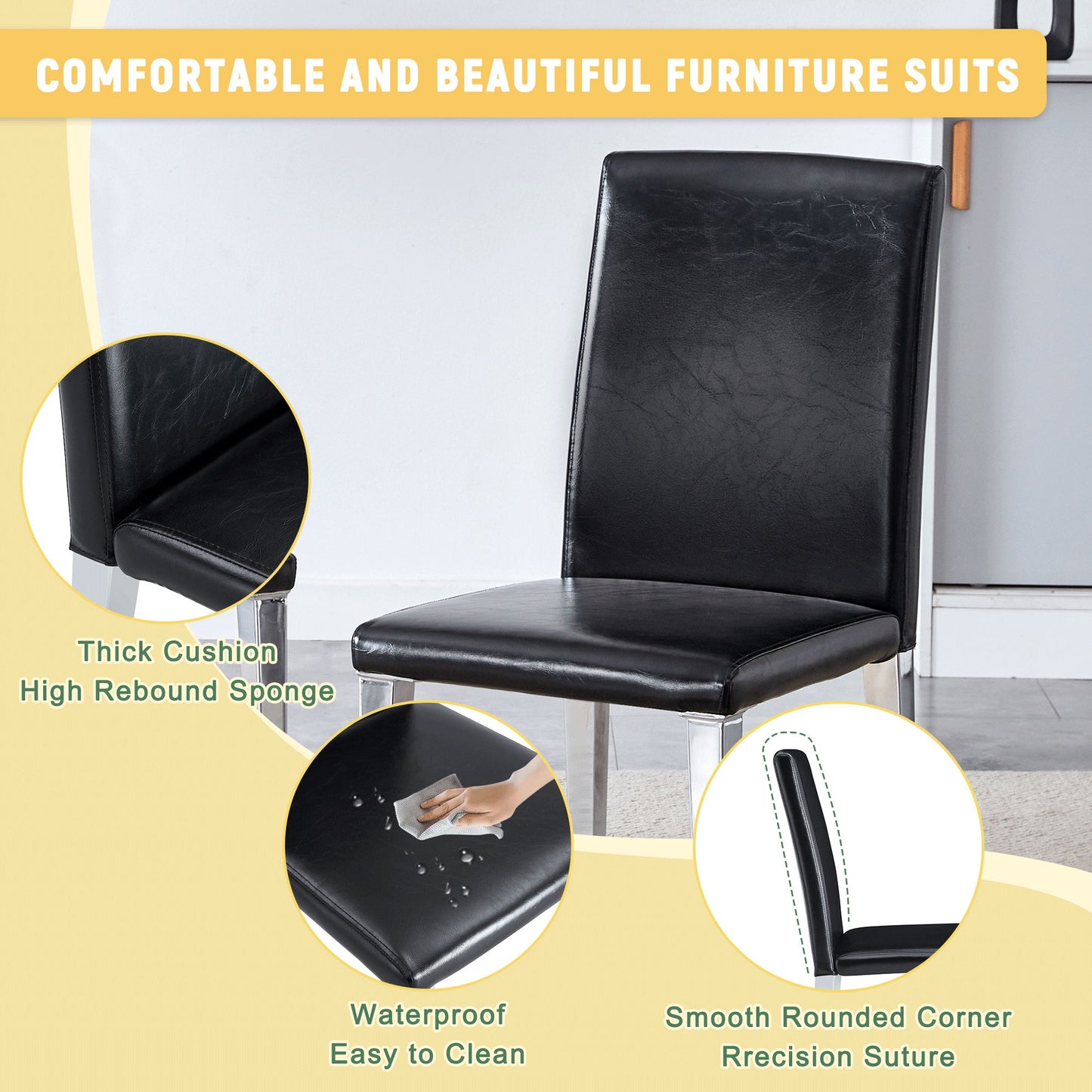 (Set of 4) Backrest Chairs With Silver Metal Legs A Perfect Match For Minimalist And Modern Home Styles - Black / Silver