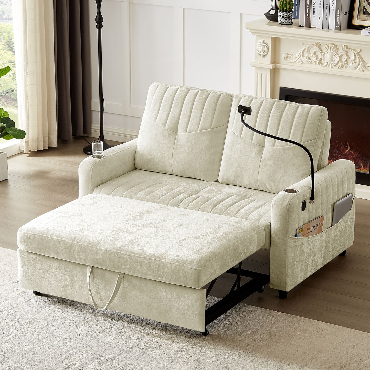 Modern Loveseat Pull Out Sofa Bed With Adjustable Backrest, Two Cup Holders, A Phone Holder, Three Charging Ports And Side Storage Pockets For Living Room - Beige