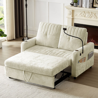 Modern Loveseat Pull Out Sofa Bed With Adjustable Backrest, Two Cup Holders, A Phone Holder, Three Charging Ports And Side Storage Pockets For Living Room - Beige