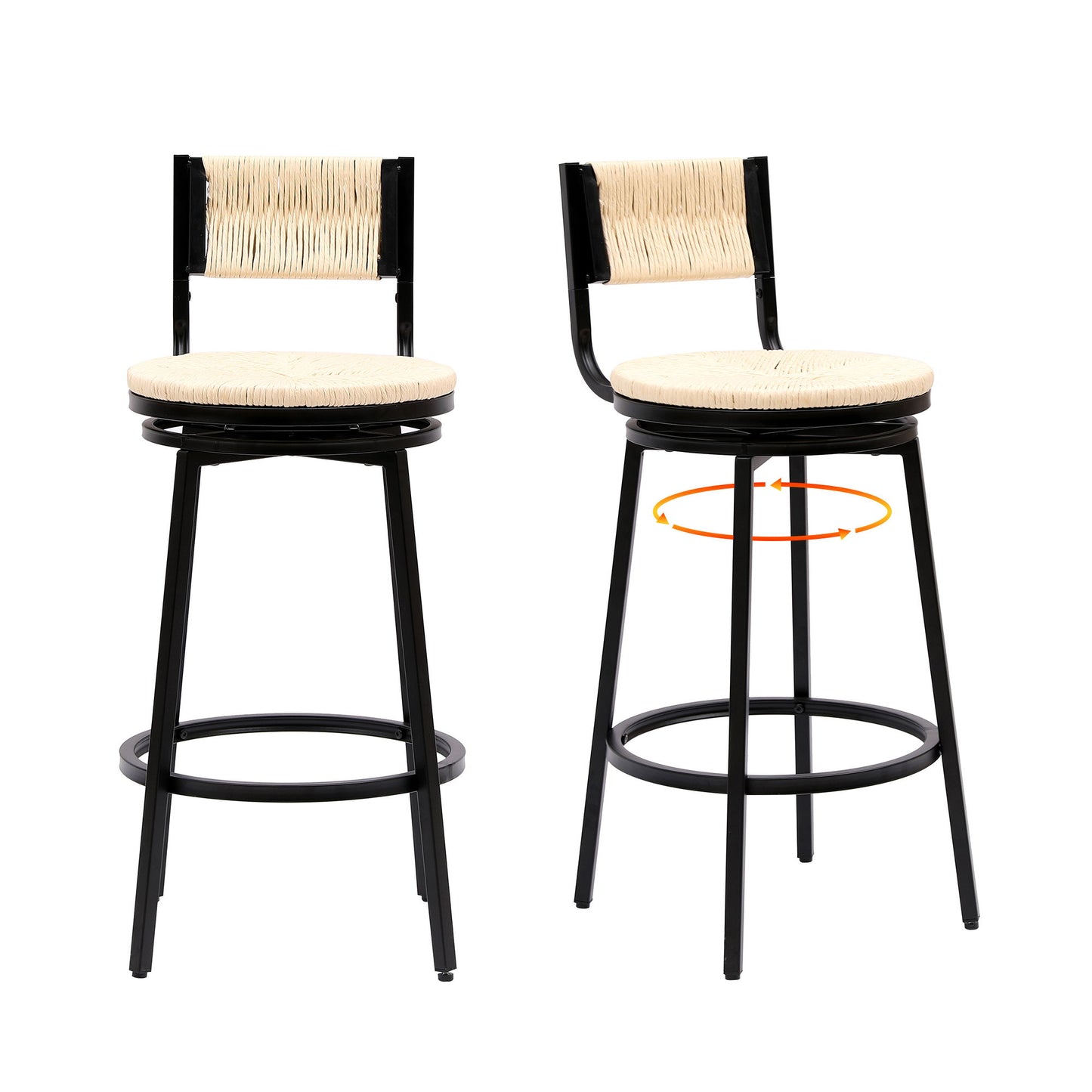 Bar Stools Swivel Counter Chairs With Metal Frame (Set of 2) Hand Woven Paper Rope Dining Barstools For Kitchen Counter - Creamy White