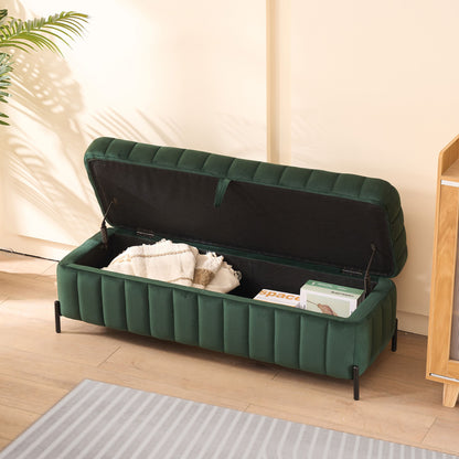 Wide Upholstered Velvet Storage Soft Bench Footstool Ottoman End Of Bed With Metal Legs, Foot Rest For Living Room, Entryway And Bedroom - Green
