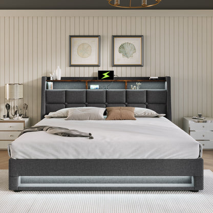 Full Size Upholstered Platform Bed With A Hydraulic Storage System, LED And USB Charging (Without Mattress) - Gray
