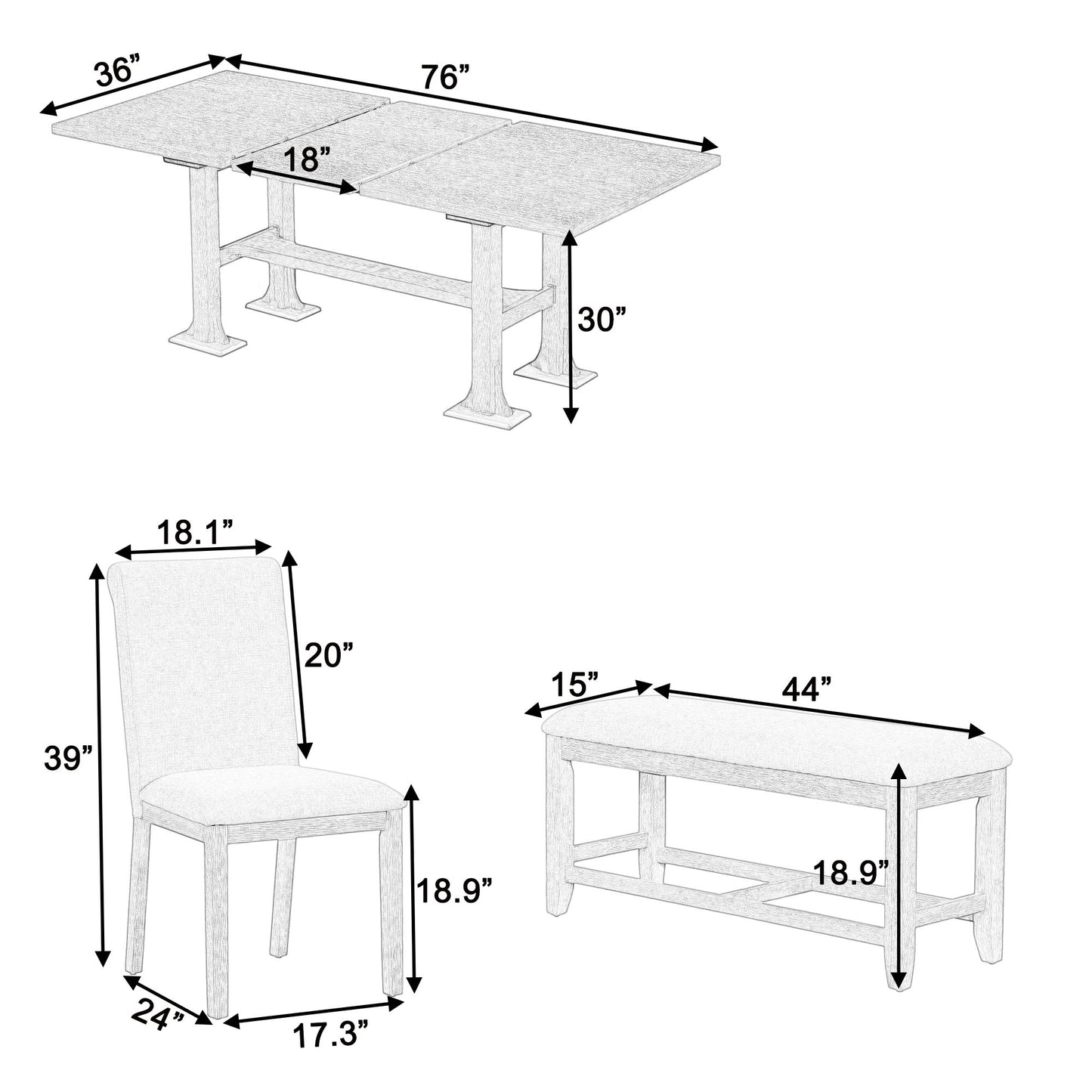 Topmax - 6 Piece Farmhouse Extendable Dining Table Set Trestle Kitchen Table Set With Removable Leaf And Upholstered Dining Chair And Bench For Dining Room - Natural