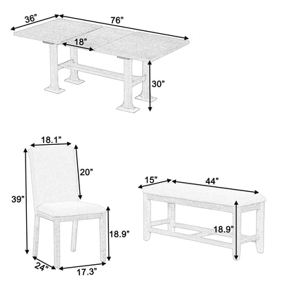 Topmax - 6 Piece Farmhouse Extendable Dining Table Set Trestle Kitchen Table Set With Removable Leaf And Upholstered Dining Chair And Bench For Dining Room - Natural